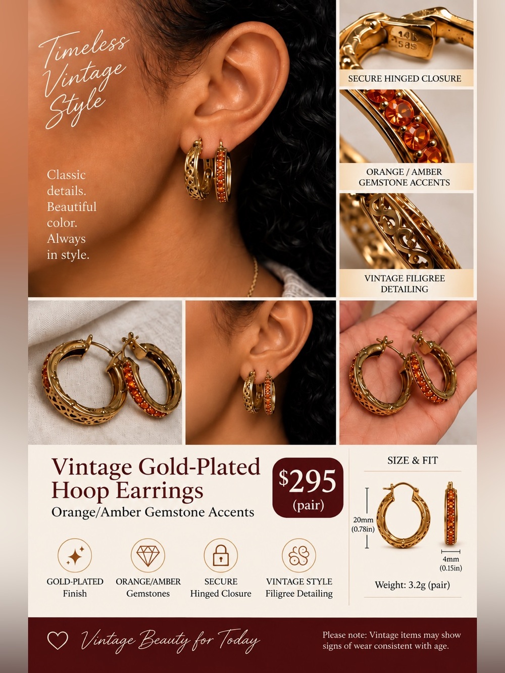 14k Vintage Gold toned and Orange Hoop Earrings/orange/amber gemstones
